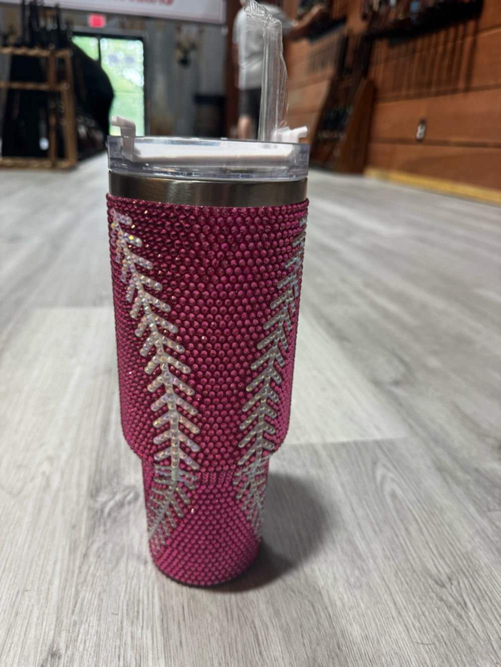 Hot Pink Rhinestone Baseball Stitch Tumbler with Clear Lid